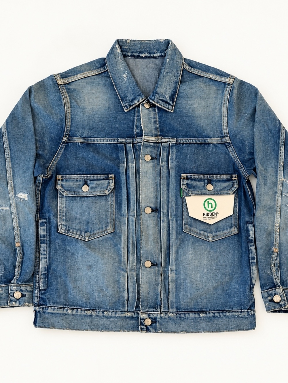 HIDDEN® NY Distressed Denim Jacket — Washed Blue size Large